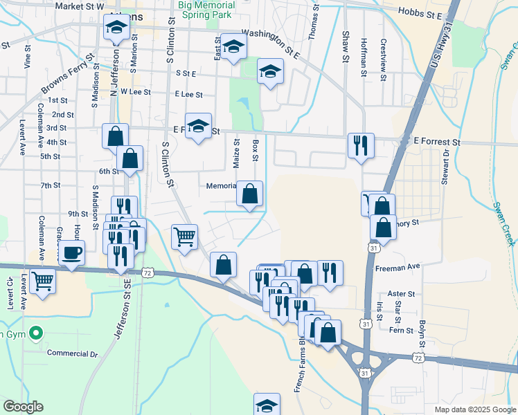 map of restaurants, bars, coffee shops, grocery stores, and more near 1007 US Highway 72 East in Athens