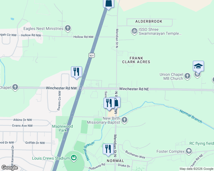 map of restaurants, bars, coffee shops, grocery stores, and more near 102 Winchester Road Northeast in Huntsville
