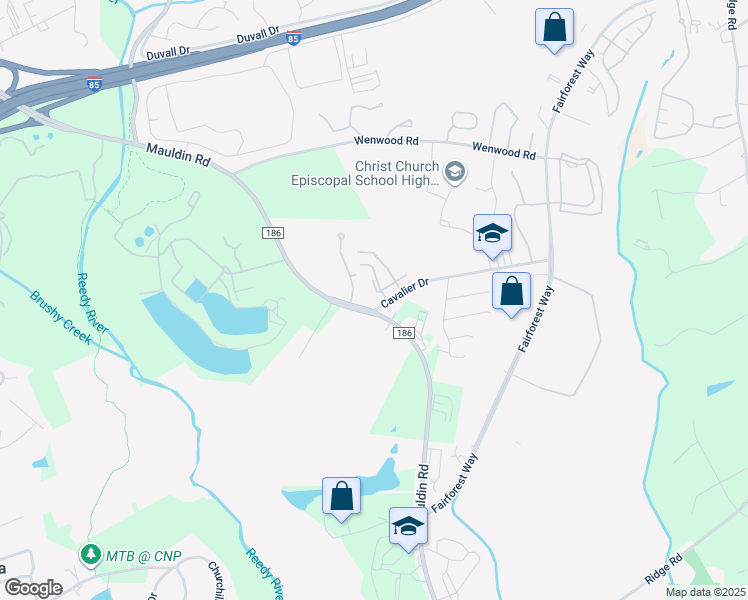 map of restaurants, bars, coffee shops, grocery stores, and more near 105 Cavalier Drive in Greenville