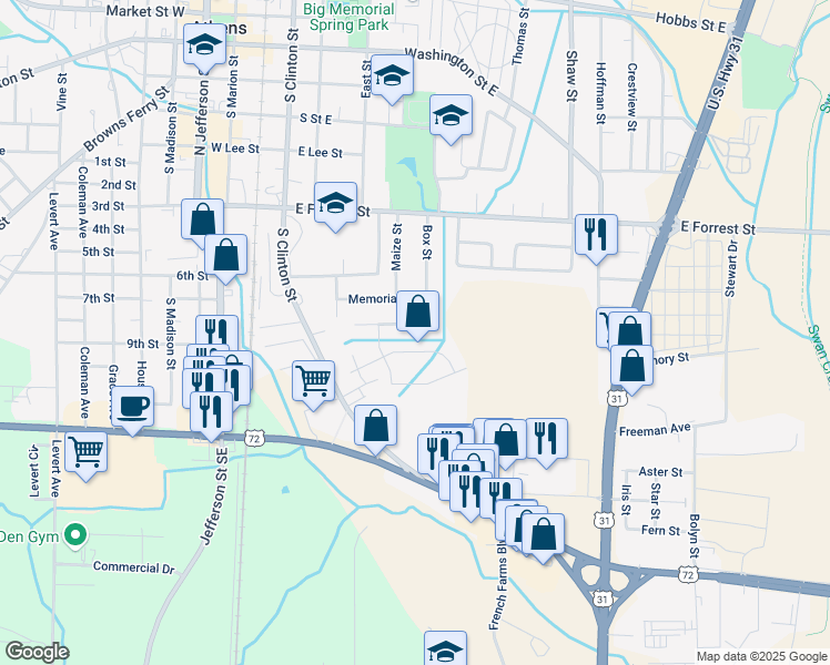 map of restaurants, bars, coffee shops, grocery stores, and more near 1007 US Highway 72 East in Athens