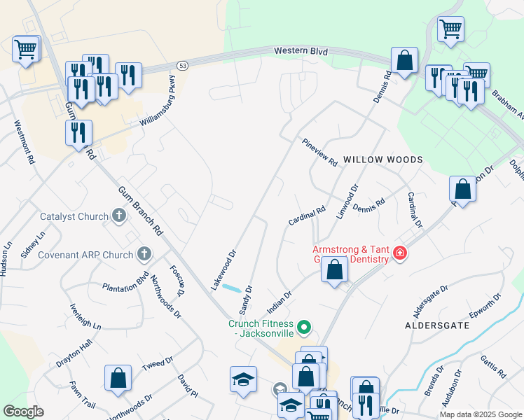 map of restaurants, bars, coffee shops, grocery stores, and more near 208 Lakewood Drive in Jacksonville