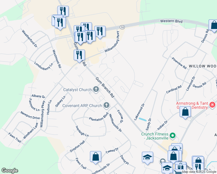 map of restaurants, bars, coffee shops, grocery stores, and more near 1975 Gum Branch Road in Jacksonville