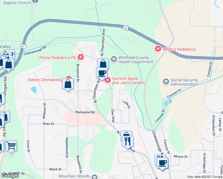 map of restaurants, bars, coffee shops, grocery stores, and more near 1428 Cleo Way in Dalton