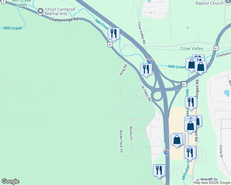 map of restaurants, bars, coffee shops, grocery stores, and more near 2111 King Road in Dalton