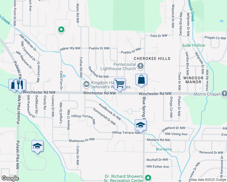 map of restaurants, bars, coffee shops, grocery stores, and more near 3012 Teton Circle Northwest in Huntsville