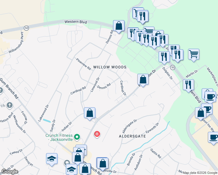 map of restaurants, bars, coffee shops, grocery stores, and more near 400 Dennis Road in Jacksonville