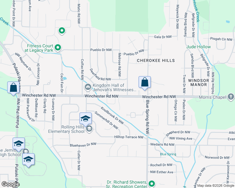 map of restaurants, bars, coffee shops, grocery stores, and more near 3012 Teton Circle Northwest in Huntsville