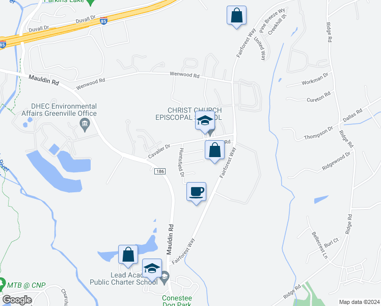 map of restaurants, bars, coffee shops, grocery stores, and more near 208b Cavalier Drive in Greenville