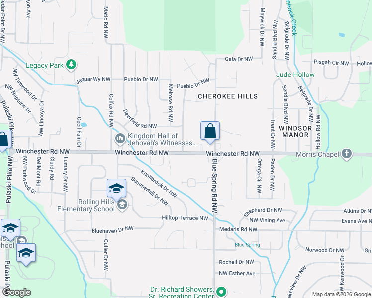map of restaurants, bars, coffee shops, grocery stores, and more near 6006 Cherokee Hill in Huntsville