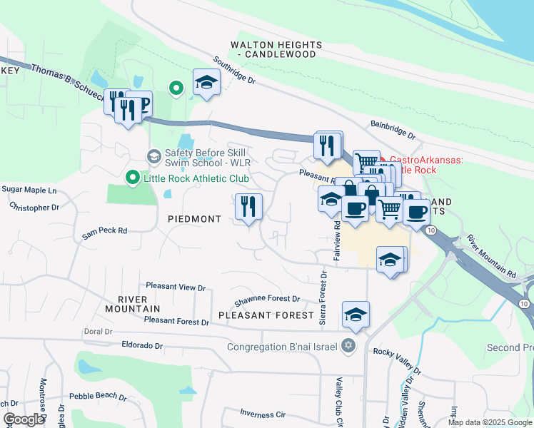 map of restaurants, bars, coffee shops, grocery stores, and more near 11901 Pleasant Ridge Road in Little Rock
