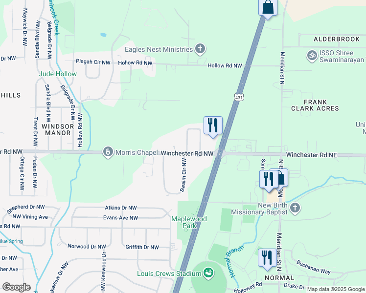 map of restaurants, bars, coffee shops, grocery stores, and more near 5203 Normal Heights Circle Northwest in Huntsville