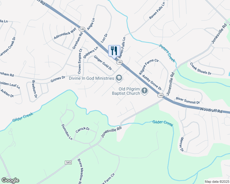 map of restaurants, bars, coffee shops, grocery stores, and more near 6 Mystique Falls Court in Simpsonville