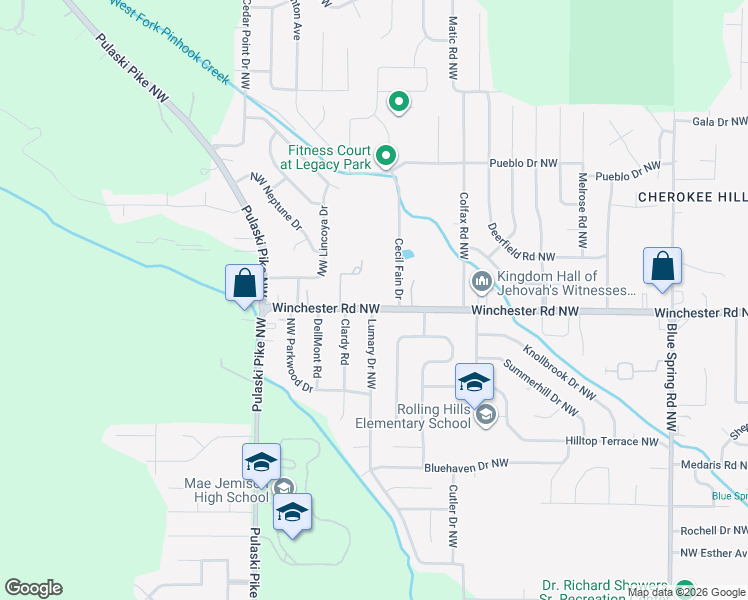 map of restaurants, bars, coffee shops, grocery stores, and more near 3016 Winchester Road Northwest in Huntsville
