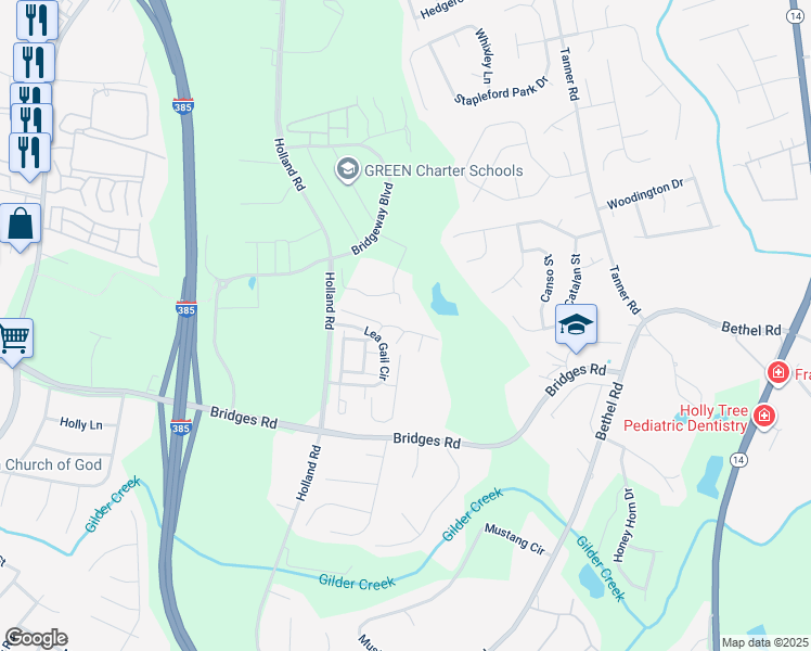 map of restaurants, bars, coffee shops, grocery stores, and more near 25 Duxbury Drive in Simpsonville