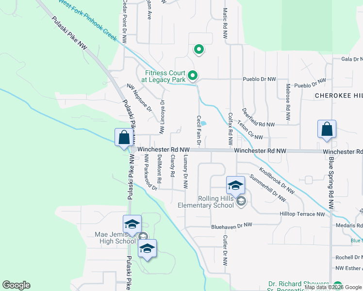 map of restaurants, bars, coffee shops, grocery stores, and more near 3016 Winchester Road Northwest in Huntsville
