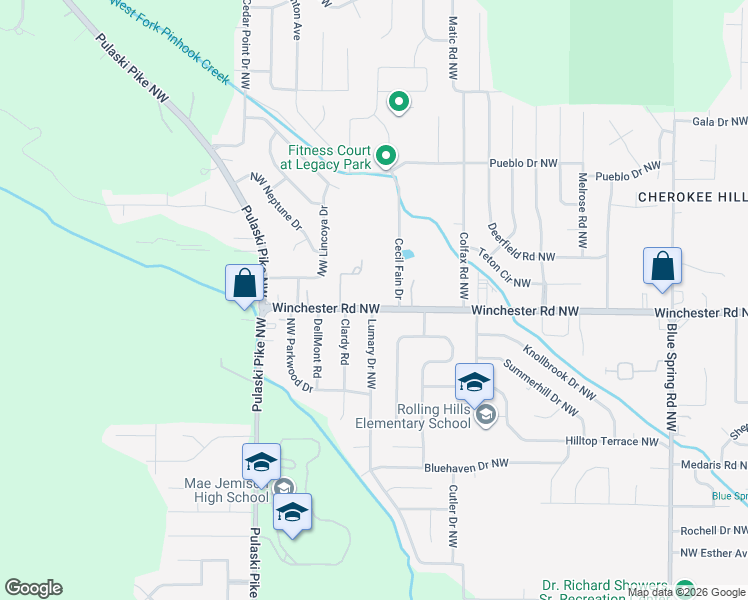 map of restaurants, bars, coffee shops, grocery stores, and more near 3016 Winchester Road Northwest in Huntsville