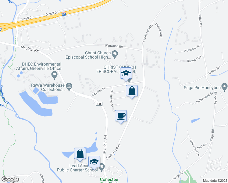 map of restaurants, bars, coffee shops, grocery stores, and more near 3 Pointer Lane in Greenville