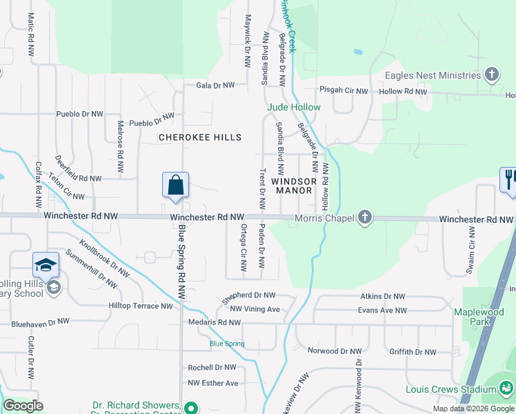 map of restaurants, bars, coffee shops, grocery stores, and more near 6003 Trent Drive Northwest in Huntsville