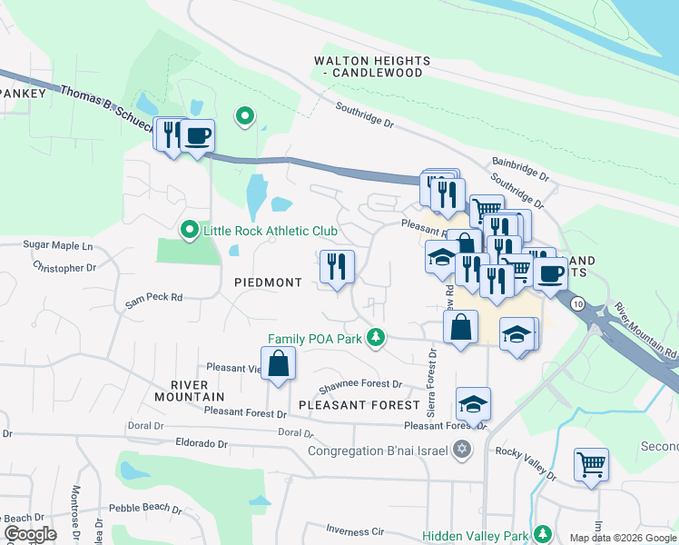 map of restaurants, bars, coffee shops, grocery stores, and more near 11810 Pleasant Ridge Road in Little Rock