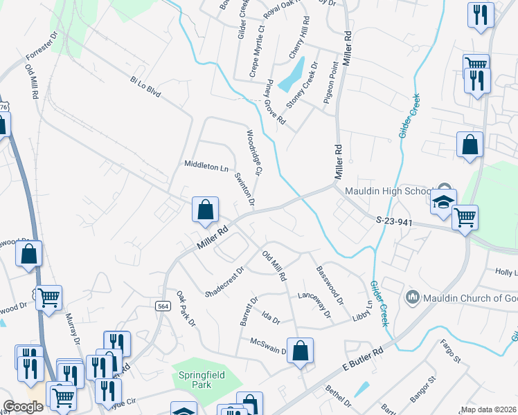 map of restaurants, bars, coffee shops, grocery stores, and more near 104 Swinton Drive in Greenville