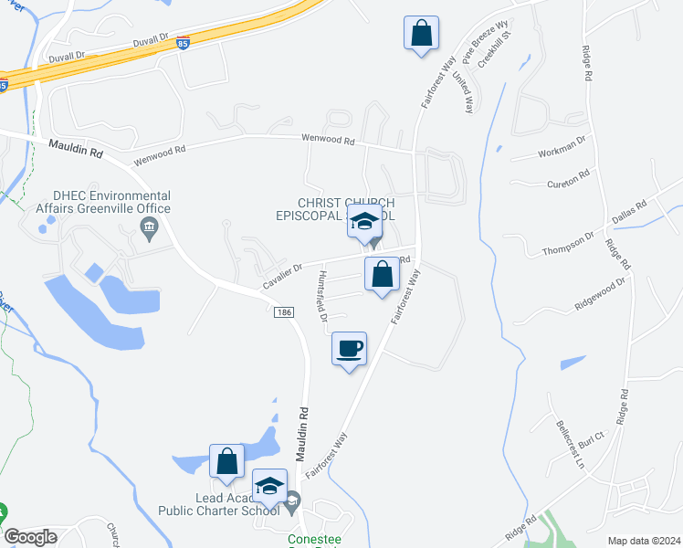 map of restaurants, bars, coffee shops, grocery stores, and more near 208b Cavalier Drive in Greenville
