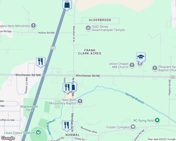 map of restaurants, bars, coffee shops, grocery stores, and more near 145 Winchester Road Northwest in Huntsville