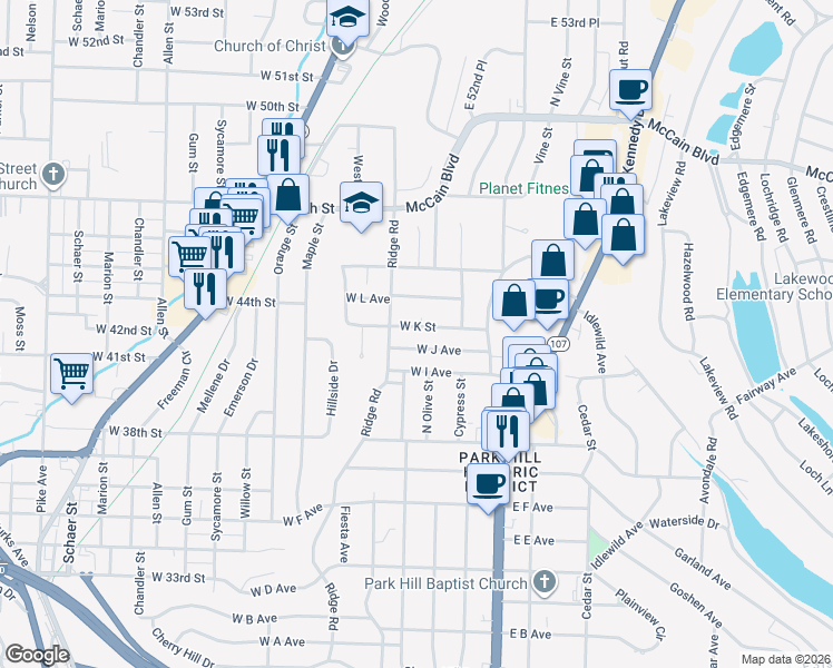 map of restaurants, bars, coffee shops, grocery stores, and more near 401 West K Street in North Little Rock