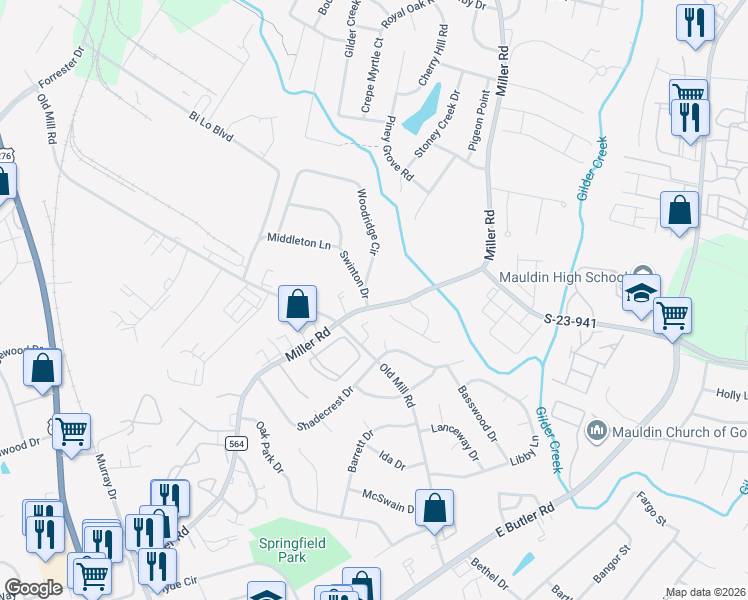 map of restaurants, bars, coffee shops, grocery stores, and more near 104 Swinton Drive in Greenville