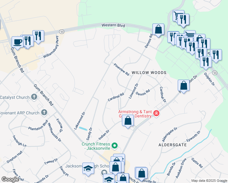 map of restaurants, bars, coffee shops, grocery stores, and more near 123 Arthur Court in Jacksonville