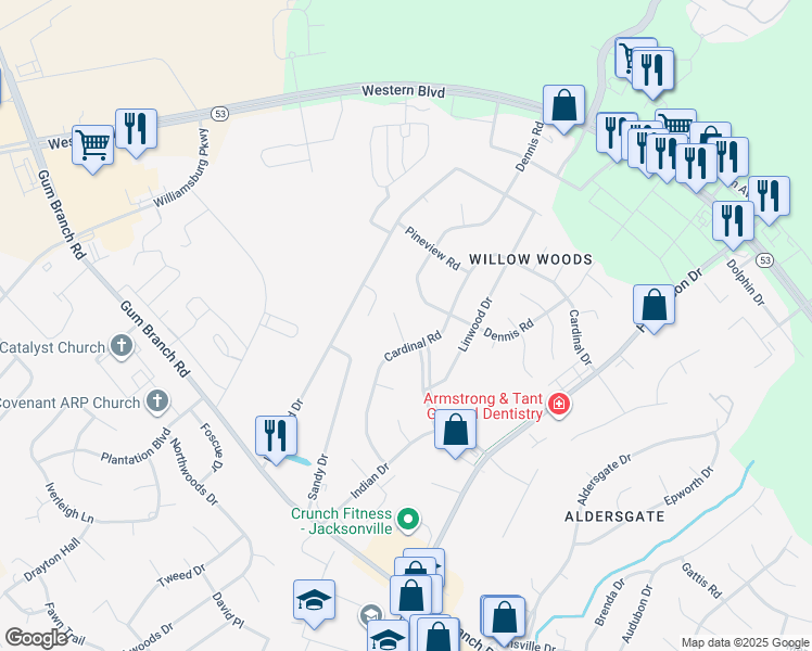 map of restaurants, bars, coffee shops, grocery stores, and more near 605 Dennis Road in Jacksonville