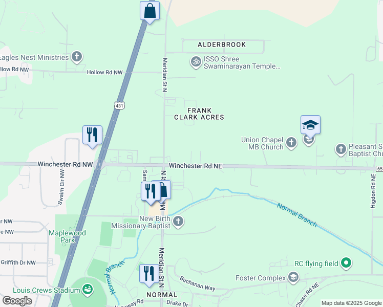 map of restaurants, bars, coffee shops, grocery stores, and more near 145 Winchester Road Northwest in Huntsville