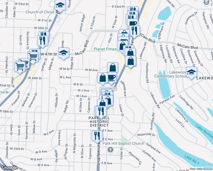 map of restaurants, bars, coffee shops, grocery stores, and more near 4135 Arkansas 107 in North Little Rock