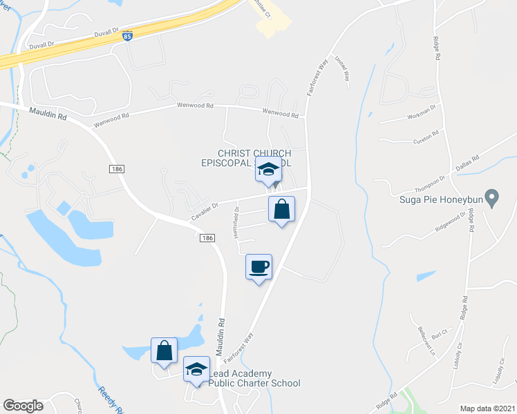 map of restaurants, bars, coffee shops, grocery stores, and more near 208b Cavalier Drive in Greenville