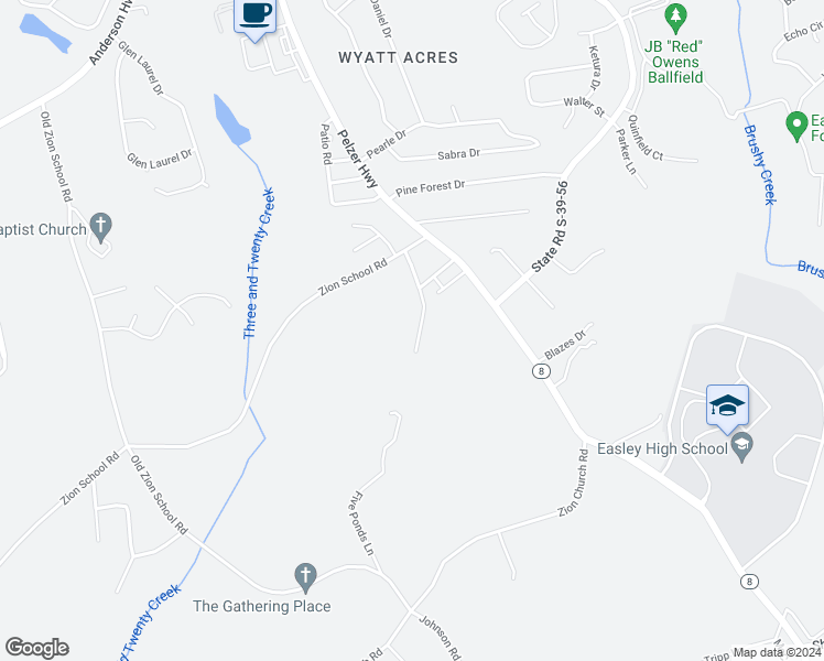 map of restaurants, bars, coffee shops, grocery stores, and more near 143 Zion School Road in Easley