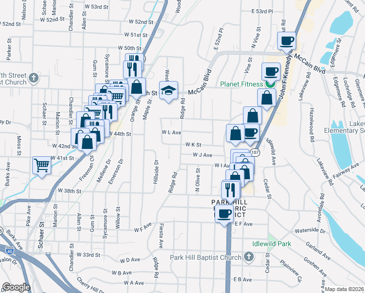 map of restaurants, bars, coffee shops, grocery stores, and more near 501 West K Street in North Little Rock