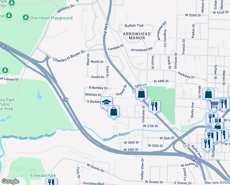 map of restaurants, bars, coffee shops, grocery stores, and more near 2205 North Berkley Drive in North Little Rock