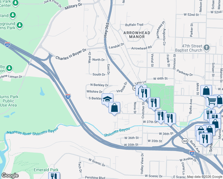 map of restaurants, bars, coffee shops, grocery stores, and more near 2305 North Berkley Drive in North Little Rock