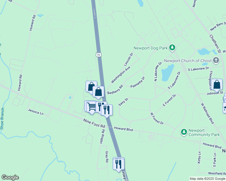 map of restaurants, bars, coffee shops, grocery stores, and more near 105 Bayberry Road in Newport