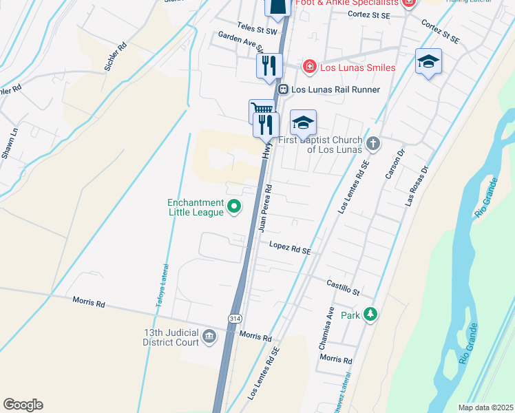 map of restaurants, bars, coffee shops, grocery stores, and more near 1262 Highway 314 in Los Lunas