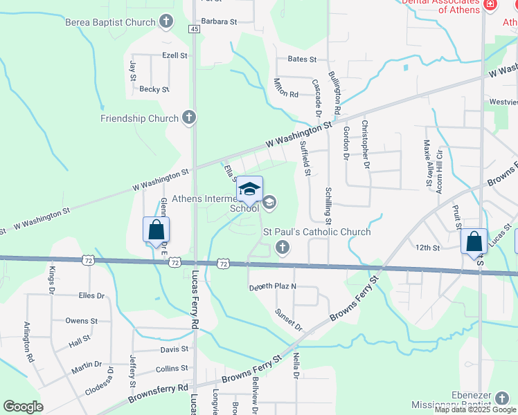 map of restaurants, bars, coffee shops, grocery stores, and more near Ella Street in Athens