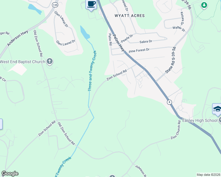 map of restaurants, bars, coffee shops, grocery stores, and more near 157 Zion School Road in Easley