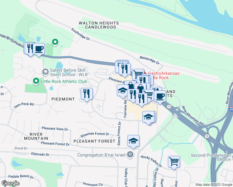 map of restaurants, bars, coffee shops, grocery stores, and more near 11909 Fairview Road in Little Rock