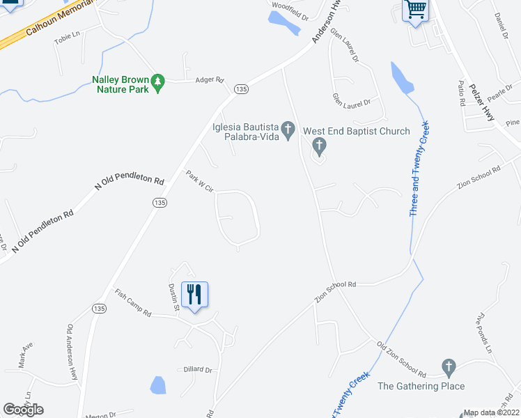 map of restaurants, bars, coffee shops, grocery stores, and more near 307 Park West Circle in Easley