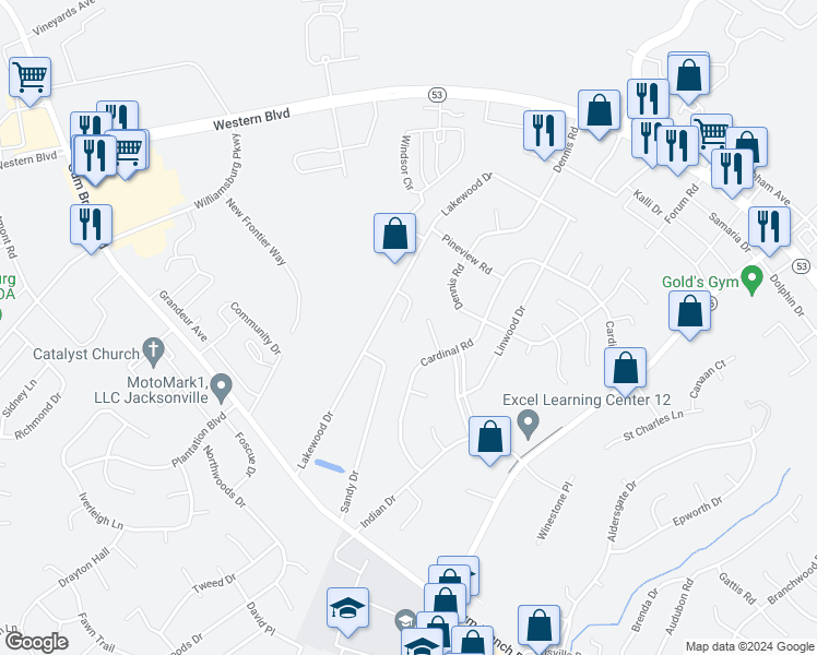 map of restaurants, bars, coffee shops, grocery stores, and more near 17 Lakewood Court in Jacksonville