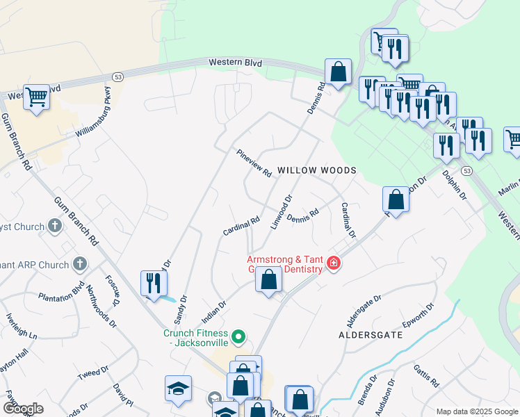 map of restaurants, bars, coffee shops, grocery stores, and more near 209 Cardinal Road in Jacksonville