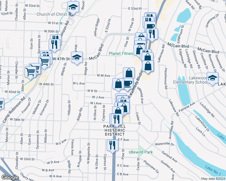 map of restaurants, bars, coffee shops, grocery stores, and more near 4206 North Locust Street in North Little Rock