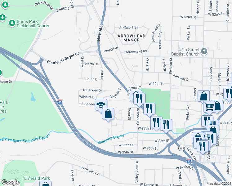 map of restaurants, bars, coffee shops, grocery stores, and more near 2205 North Berkley Drive in North Little Rock