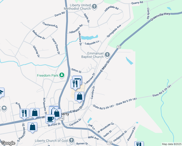 map of restaurants, bars, coffee shops, grocery stores, and more near 111 Ella Drive in Liberty