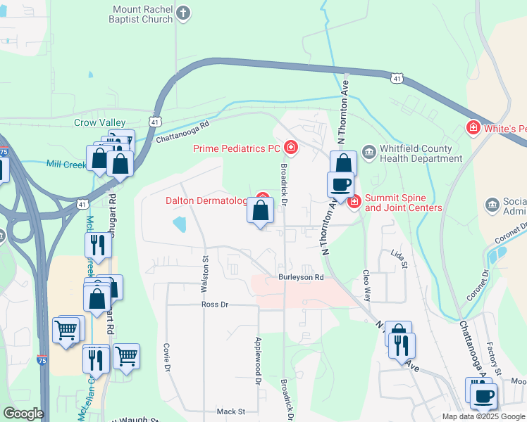 map of restaurants, bars, coffee shops, grocery stores, and more near 1108 Professional Boulevard in Dalton