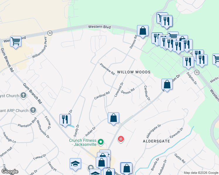map of restaurants, bars, coffee shops, grocery stores, and more near 300 Cardinal Road in Jacksonville